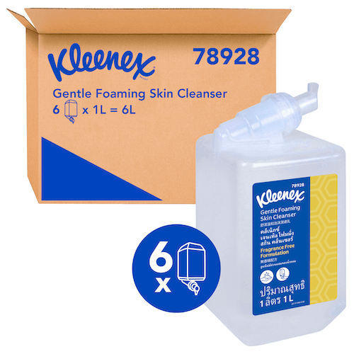 Kleenex Gentle Foaming Skin Cleanser 6 x 1 Litre clear liquid bottles in packaging.