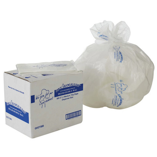 MaxValu Degradable 27 Litres Clear Bin Liners, tear and split resistant, in a 500/box packaging.