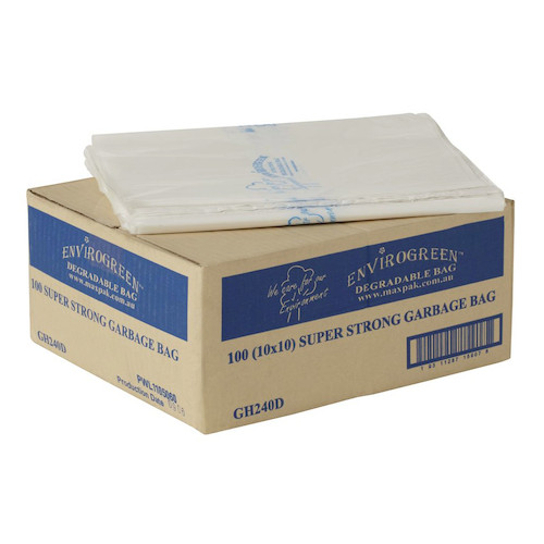MaxValu Envirogreen Bin Liners, 240L, clear, strong, degradable bags in cardboard box packaging.