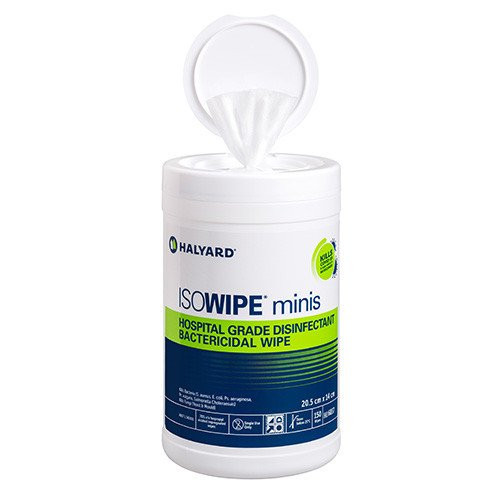 Halyard Isowipe Minis Antibacterial Wipes, 21cm x 14cm, 70% Isopropyl alcohol, 150 wipes per canister.