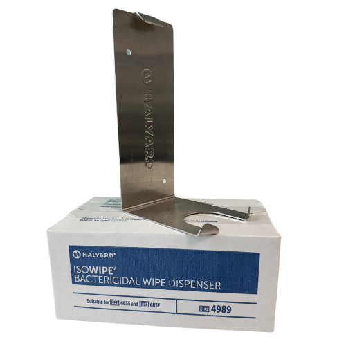 Halyard ISOWIPE Bactericidal Wipes Stainless Steel Wall Bracket, 94mm x 178mm x 94mm, mounted.