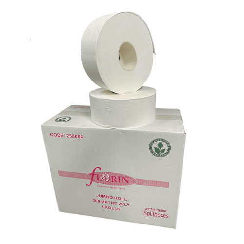 Biodegradable Jumbo Roll toilet tissue, Florin 2Ply 300m x 8 rolls, white, premium quality tissue.