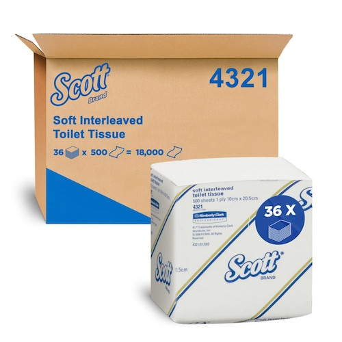 Scott Interleaved Toilet Tissue 1 Ply 36 Packs x 500 Sheets (4321)  Scott Interleaved Toilet Tissue 1 Ply 36 Packs x 500 Sheets (4321)