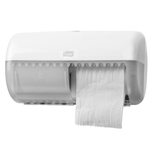Tork Conventional Twin Toilet Roll Dispenser, white, T4 System, plastic, slim design, locking system.