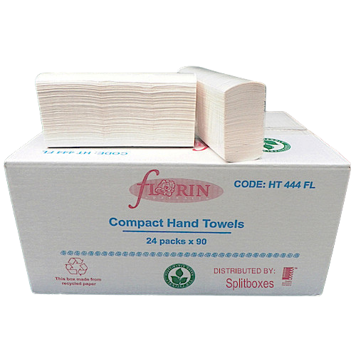 Florin Soft Compact Hand Towels, 2Ply, white, in packaging, 24 packs of 90 sheets each.