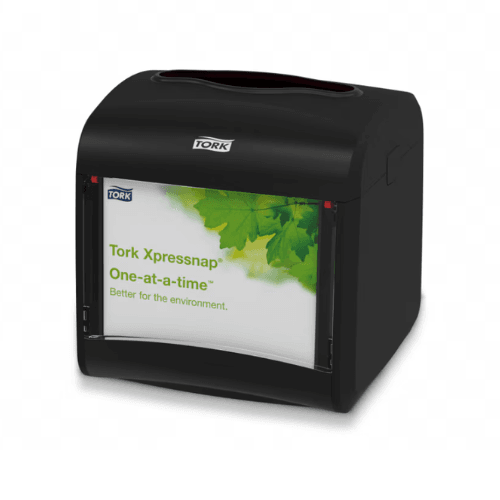 Tork Xpressnap Café Tabletop Napkin Dispenser Black N10, plastic, compact, and modern napkin dispenser.