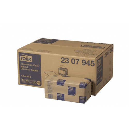 Tork Universal Xpressnap Café Natural Napkins, 100% recycled napkins, N10, 6000 per case, brown color.