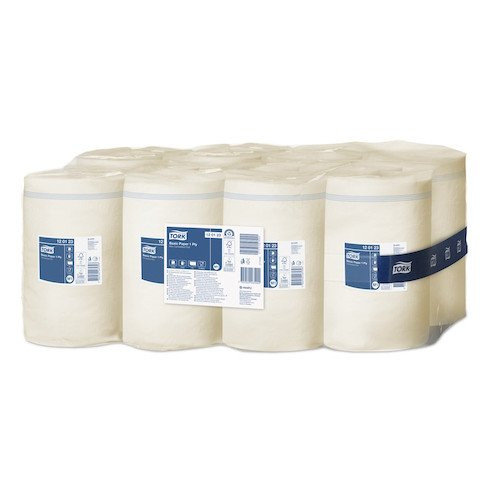 Tork Centrefeed Towels, 11 white 1-ply mini centrefeed rolls, Tork Basic Paper M1 system.