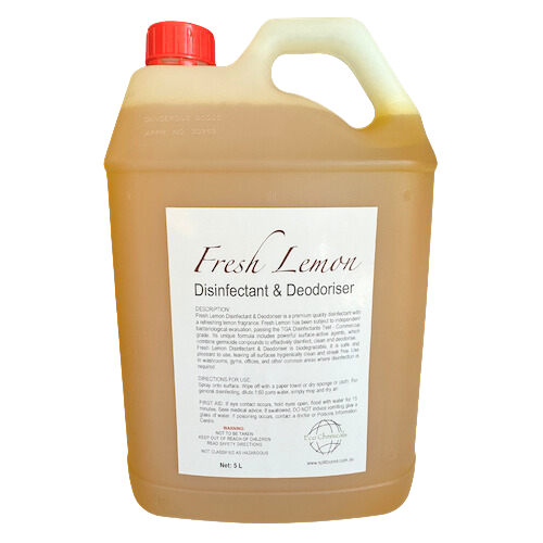 Fresh Lemon Disinfectant 5L, a commercial grade disinfectant and deodoriser with refreshing lemon fragrance.