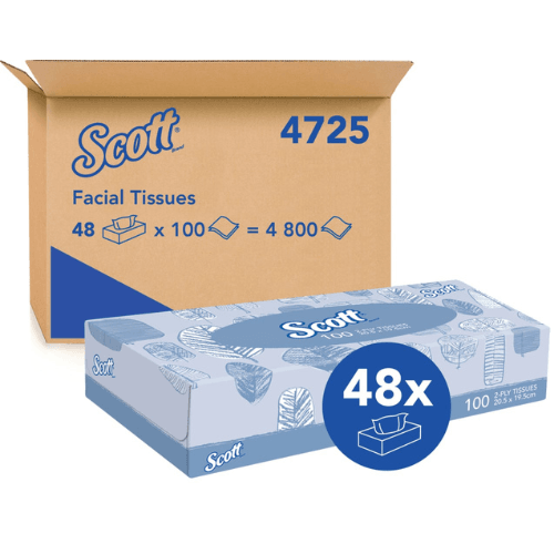 Scott Facial Tissues 2 Ply 48 Packs x 100 Sheets (4725) white tissues in box.