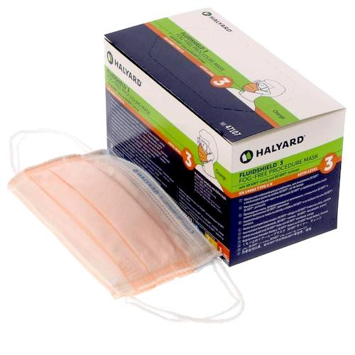 Halyard FLUIDSHIELD orange Medical Grade Procedure Mask, 40/bx, Level 3 Fog-Free, earloops, soft lining.