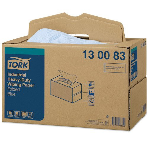 Tork Industrial Heavy-Duty Wiping Paper Handy Box 200 Wipers with QuickDry Technology, blue, 3 Ply.
