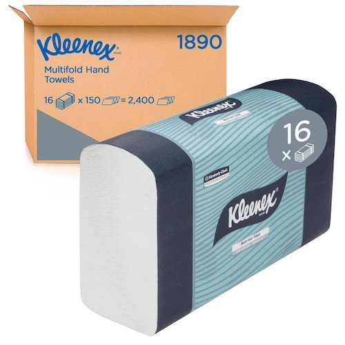 Kleenex 1890 Multifold Paper Hand Towel, 16 Packs x 150 White Towels, 24cm x 23.5cm.