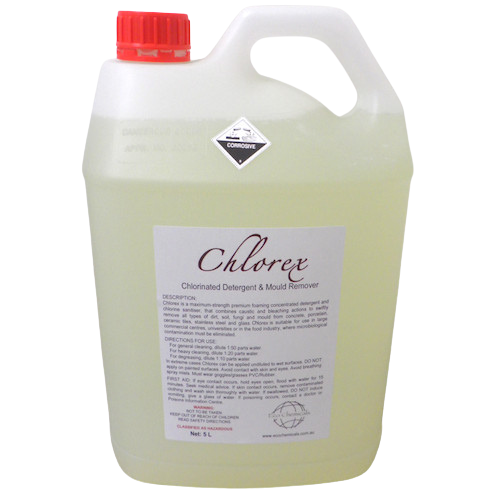 Chlorex Chlorinated Detergent & Mould Remover 5L, Commercial Cleaning Chemicals, white liquid with red cap.