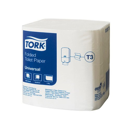 Tork Folded 1 Ply Toilet Paper T3 Universal 36 packs x 500 sheets per pack displayed.