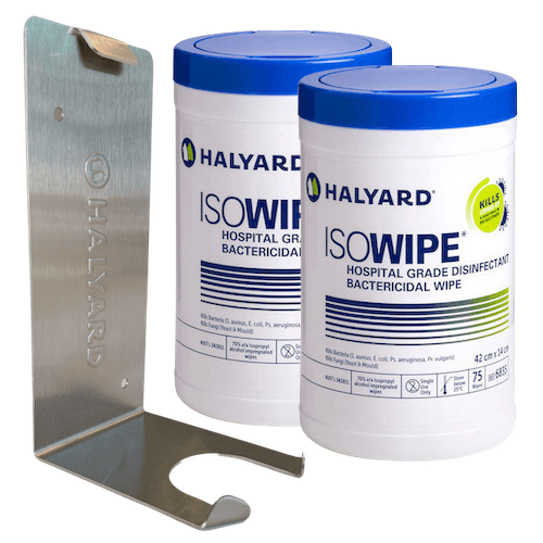 Halyard Isowipe Bactericidal Alcohol Wipe Starter Pack with stainless steel wall bracket and wipes canisters.