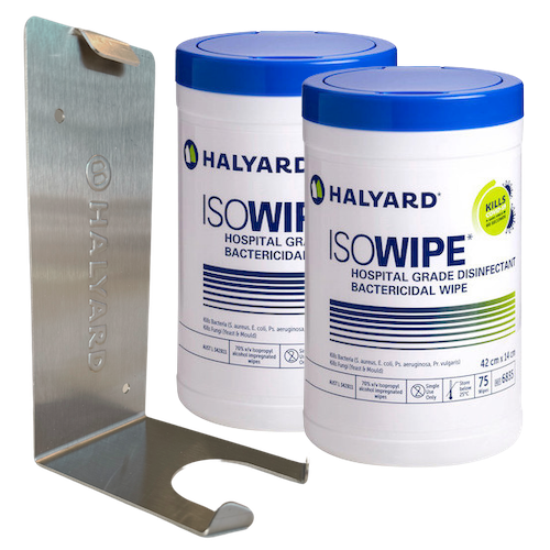 Halyard Isowipe Bactericidal Alcohol Wipe Starter Pack with stainless steel wall bracket and wipes canisters.