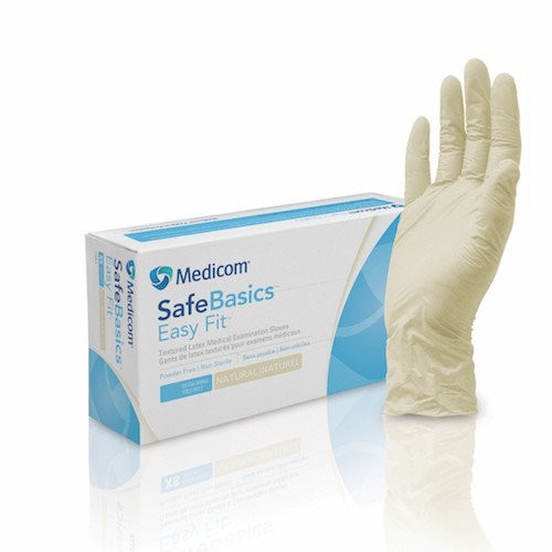Medicom SafeBasics Easy Fit Latex Textured Exam Gloves, medical gloves medium size, natural color, medium size.