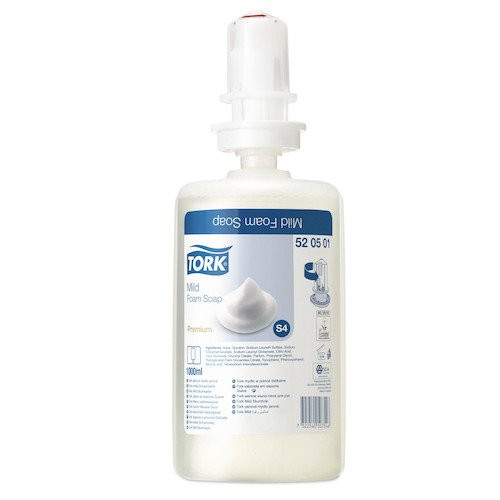 Tork Mild Foam Soap S4 System 6 Cartridges x 1 L, Commercial Cleaning Supplies, white bottle.