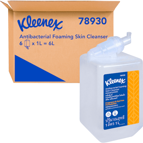 Kleenex 78930 Antibacterial Foaming Skin Cleanser, clear liquid in 1000ml bottle with blue and yellow label.