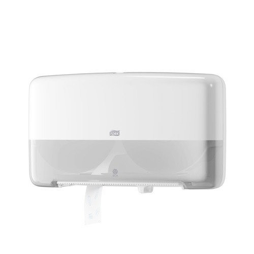 Tork Twin Mini Jumbo Toilet Roll Dispenser White (555500), white plastic bathroom dispenser.