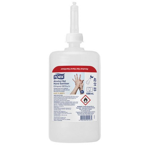Tork S1 Alcohol Gel Hand Sanitiser 6 x 1L (420123), transparent, 1000ml, white bottle.