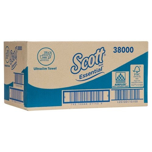 Scott Essential Ultraslim Multifold Hand Towels 38000, 16 x 150 white paper towels for commercial washrooms.