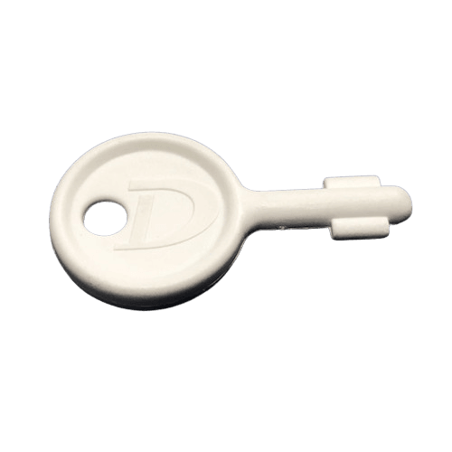 White plastic Toilet Tissue Dispenser Key for Kimberly Clark 3 Roll dispenser model 4976.