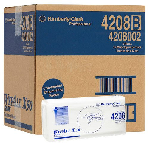 WypAll X50 Reinforced Single Sheet Wipers, Food Grade Cleaning Wipes, 8 packs of 75 white wipers.