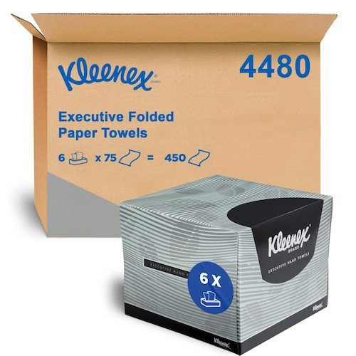 Kleenex Executive Folded Paper Hand Towel, 6 Packs x 75 Towels, White, Industrial and Manufacturing use.