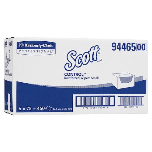Scott Control Reinforced Small Wipers, white, 6 packs of 75 wipers, boxed cleaning product.