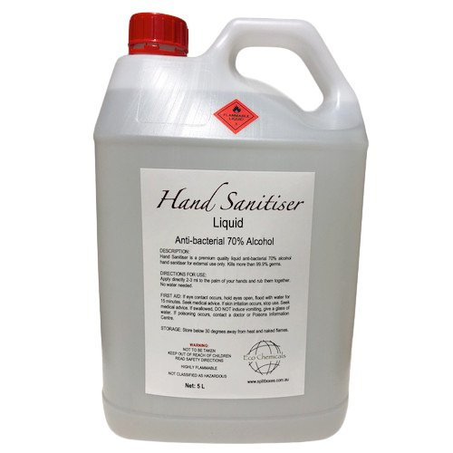 Eco Chemicals Hand Sanitiser 5L clear liquid with 70% Ethyl Alcohol for antibacterial use.