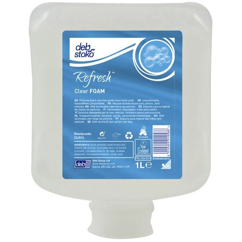 Deb Stoko Refresh Clear Foam Hand Wash 6 x 1 Litre cartridges, clear liquid, Deb brand.