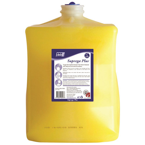 Deb Suprega Plus Heavy Duty Hand Wash Yellow 4LT with Natural Cornmeal Scrubbers, Deb brand.