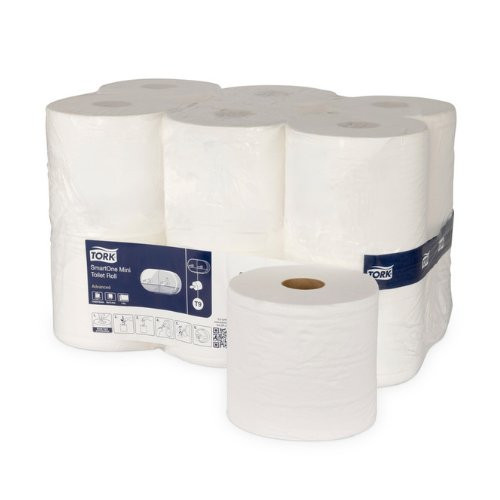 Tork SmartOne Mini Toilet Roll 2Ply Advanced T9 White 12 Rolls hygienic bathroom essentials.