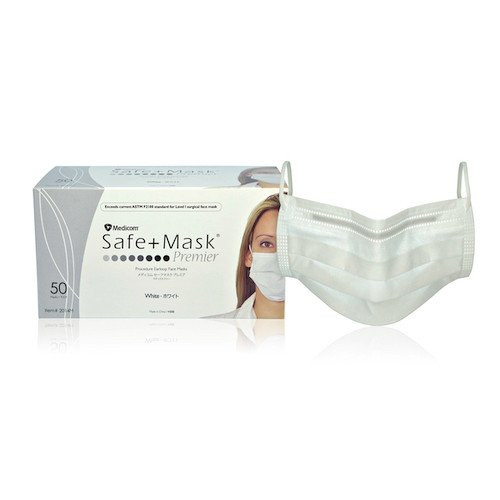 Medicom SafeMask Premier Procedure 3Ply Earloop Mask White 50/box, polypropylene 3-layer earloop face mask.