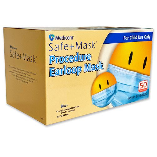 Medicom SafeMask 3Ply Face Mask For Child Earloop Blue, Medical Grade 3 Ply Face Masks.