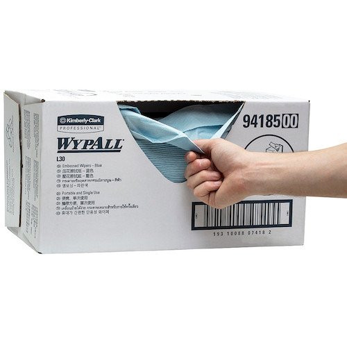 WypAll L30 Embossed Wipers Blue 3Ply 200 Wipers Brag Box for industrial wiping products.