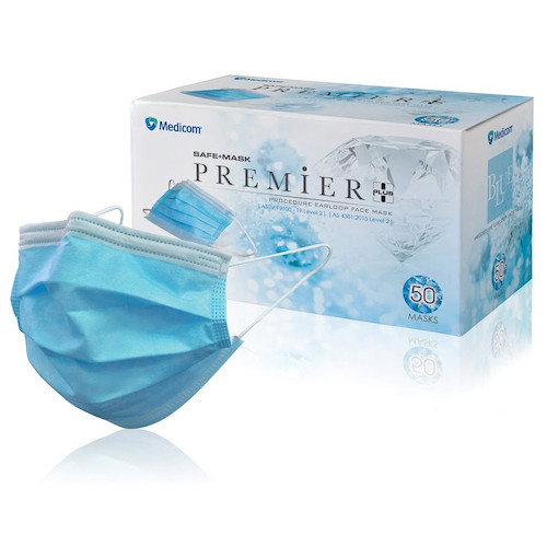 Medicom Premier Plus 3Ply Level 2 Earloop Face Mask Blue 50/Box Medicom Premier Plus 3Ply Level 2 Earloop Face Mask Blue 50/Box