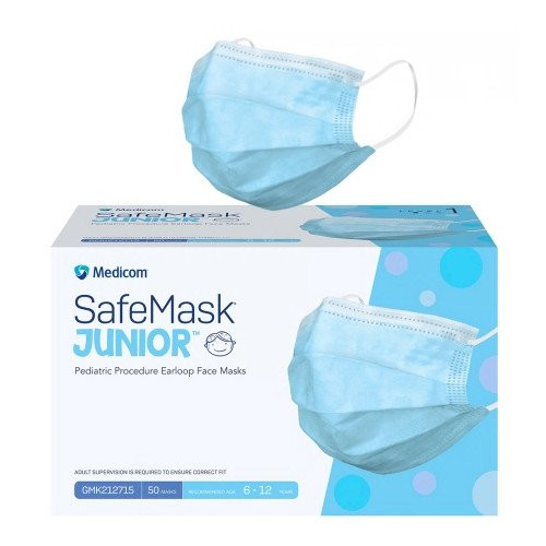 Medicom SafeMask Blue Junior Child 3Ply Earloop Face Mask, blue color, 50/box, kids aged 6-12.