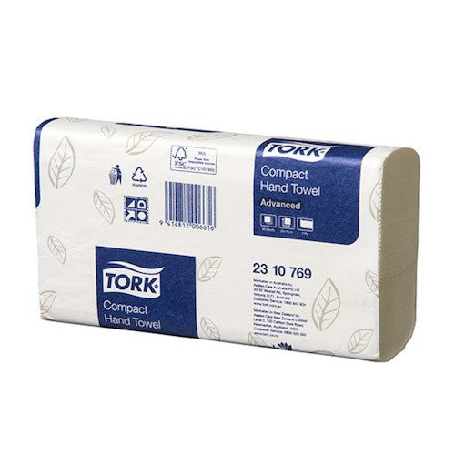 Tork Compact Hand Towel, 24 packs of 90 white towels, in compact packaging, by Tork.