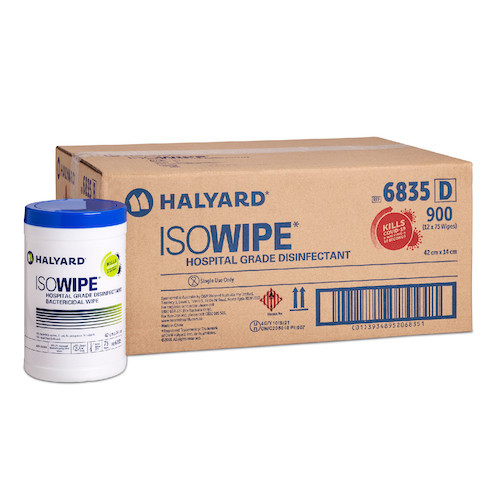 Halyard Isowipe Hospital Grade Bactericidal Disinfection Wipes for Clean Surfaces, 12 canisters of 75 wipes.