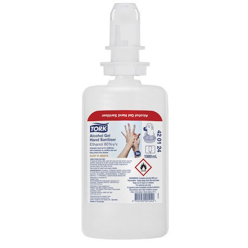 Tork S4 80% alcohol hand sanitiser, 1L, transparent bottle, Australian made, moisturising gel.
