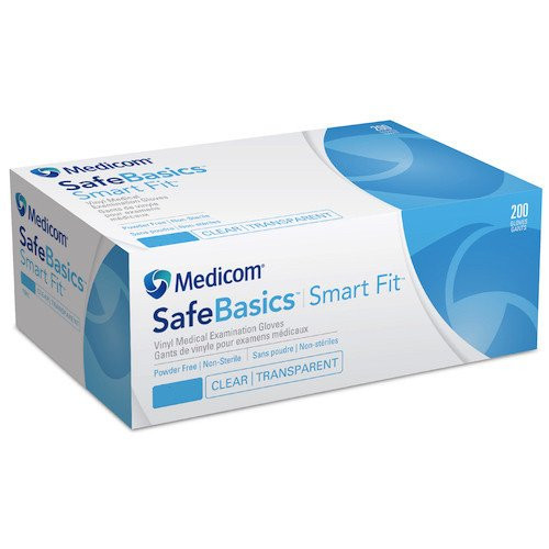 SafeBasics Smart Fit Medical PF Vinyl Gloves Small 200/bx, clear, small size, medical grade gloves.