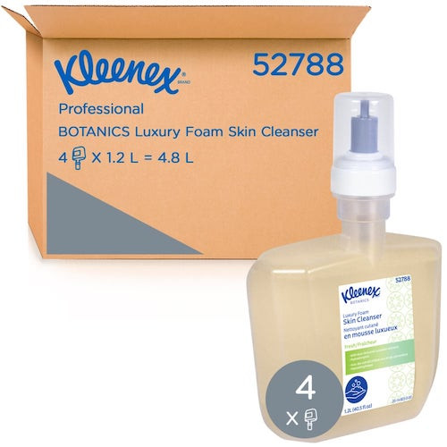 Kleenex Botanics Luxury Foam Skin Cleanser, 4 x 1.2L, clear with fresh scent, in packaging.