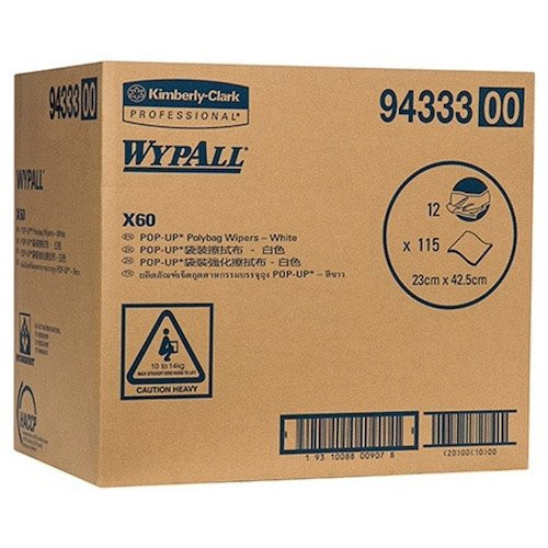 WypAll X60 Pop-up Poly Bag Wipers, 12 bags x 115 wipes, Industrial X60 wipers, white.