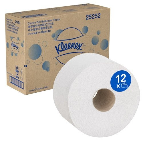 Kleenex 25252 Twin Centre Pull Bathroom Tissue 2 Ply 250M x 12 White Rolls.