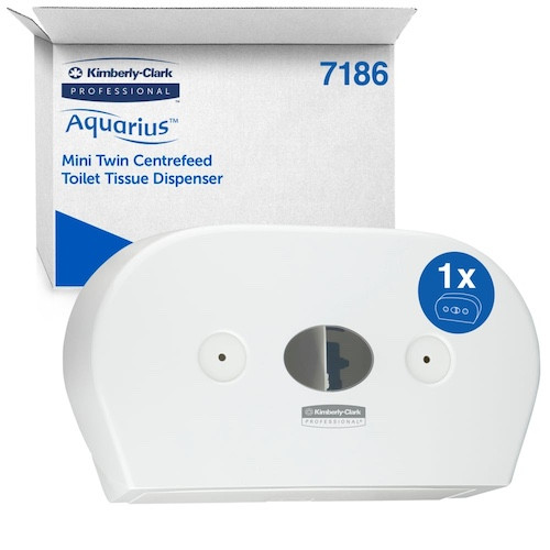 White Aquarius Twin Roll Centrepull Toilet Paper Dispenser for high-traffic areas, 464mm W, ABS plastic.