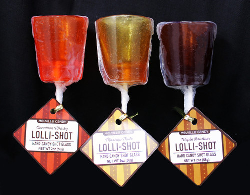 MC001 2oz Lolli-Shot Glass Candy Asst. Cinnamon Whisky, Moscow Mule, Maple Bourbon one of each flavor.
Lolli-shots are hard candy shot glasses on lollipop sticks.. Flavors include Maple Bourbon, Moscow Mule, and Cinnamon Whisky. Each lolli-shot is hand poured; slight variations will occur.
Individually wrapped
Allergens: Soy
Each lollishot weighs 2 oz
Made fresh to order in the USA
Hard Candy Shot Glass (each): Long: 2 inches - Wide: 2 inches - 7 inches with stick