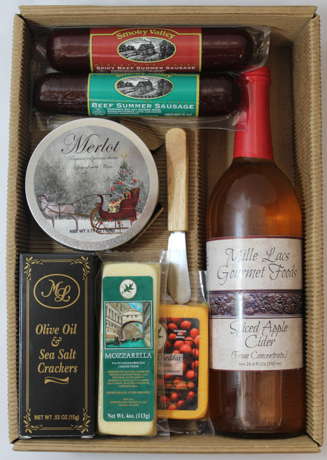 Gift 901 Rustic Wraps Spiced Apple Cider Gift
This gift contains:
25.4oz Spiced Apple Cider Mille Lacs Label
2-.55oz Olive Oil and Sea Salt Crackers-Black Box
Northwoods Cheese Mozzarella Cheese Bar 4oz
Cheese Spreader Knife
Northwoods Cheese Cranberry Cheddar 6oz Square
Northwoods Cheese 3.75oz Merlot Cheese Tin Sleigh Label
5oz Smoky Valley Spicy Beef Summer Sausage
5oz Smoky Valley Beef Summer Sausage